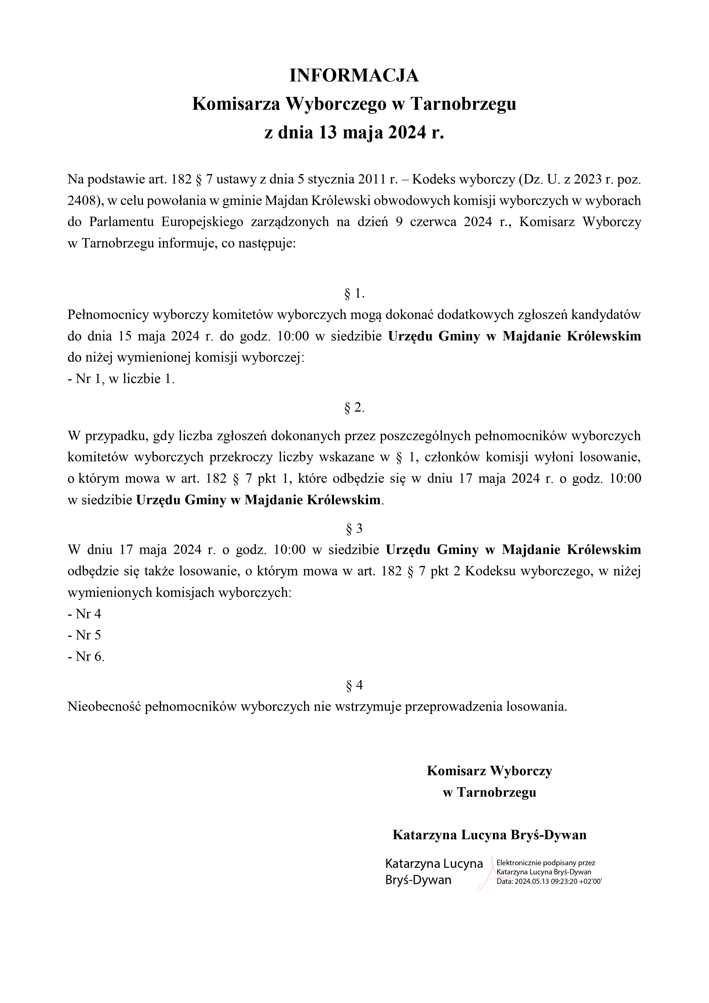 Majdan Królewski informacja o&nbsp;losowaniach do obwodowych komisji wyborczych w&nbsp;wyborach do Parlamentu Europejskiego_page-0001.jpg