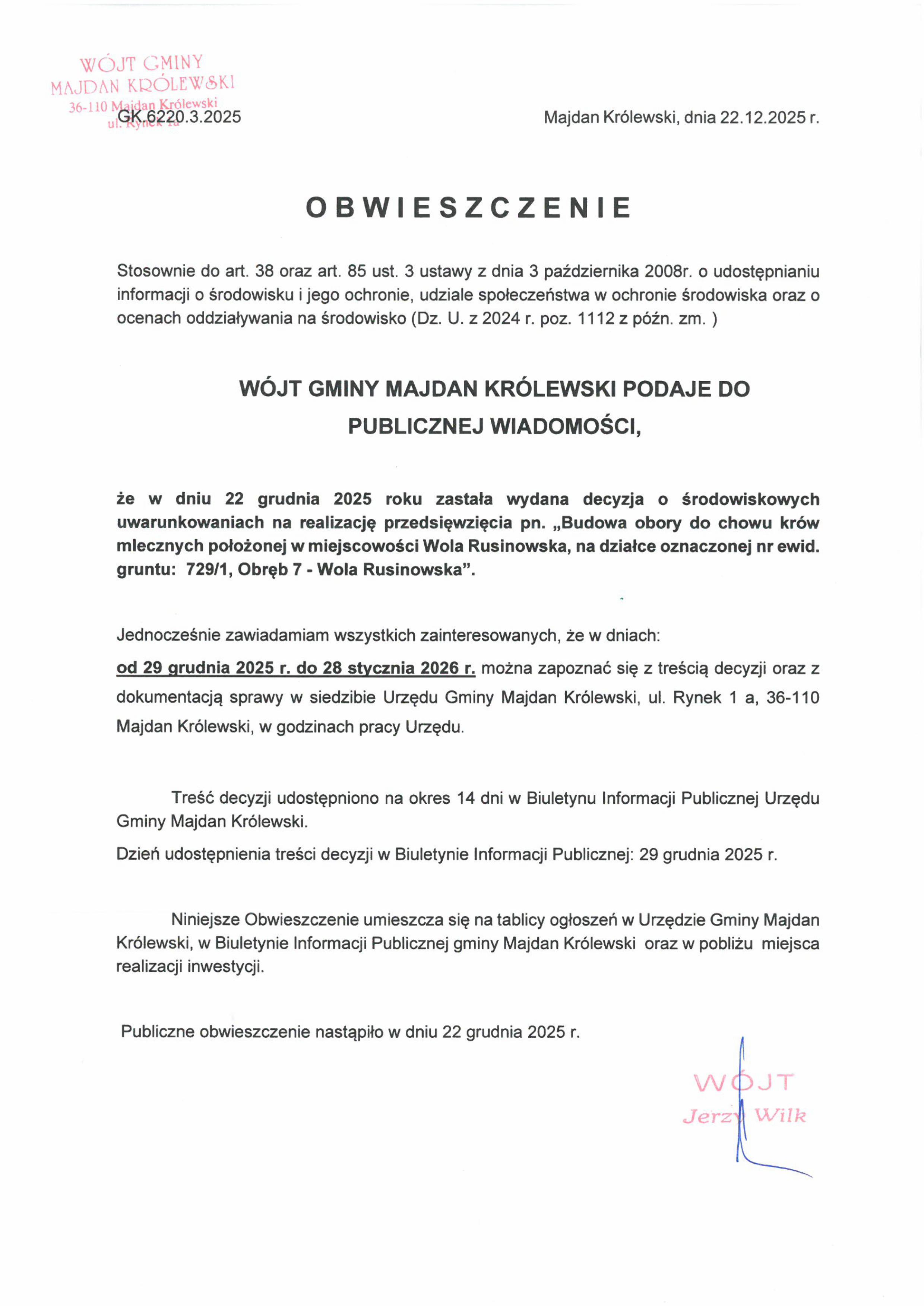 Obwieszczenie GK.6220.3.2025 z dnia 22.12.2025 podanie do publiczenej wiadomości.jpg