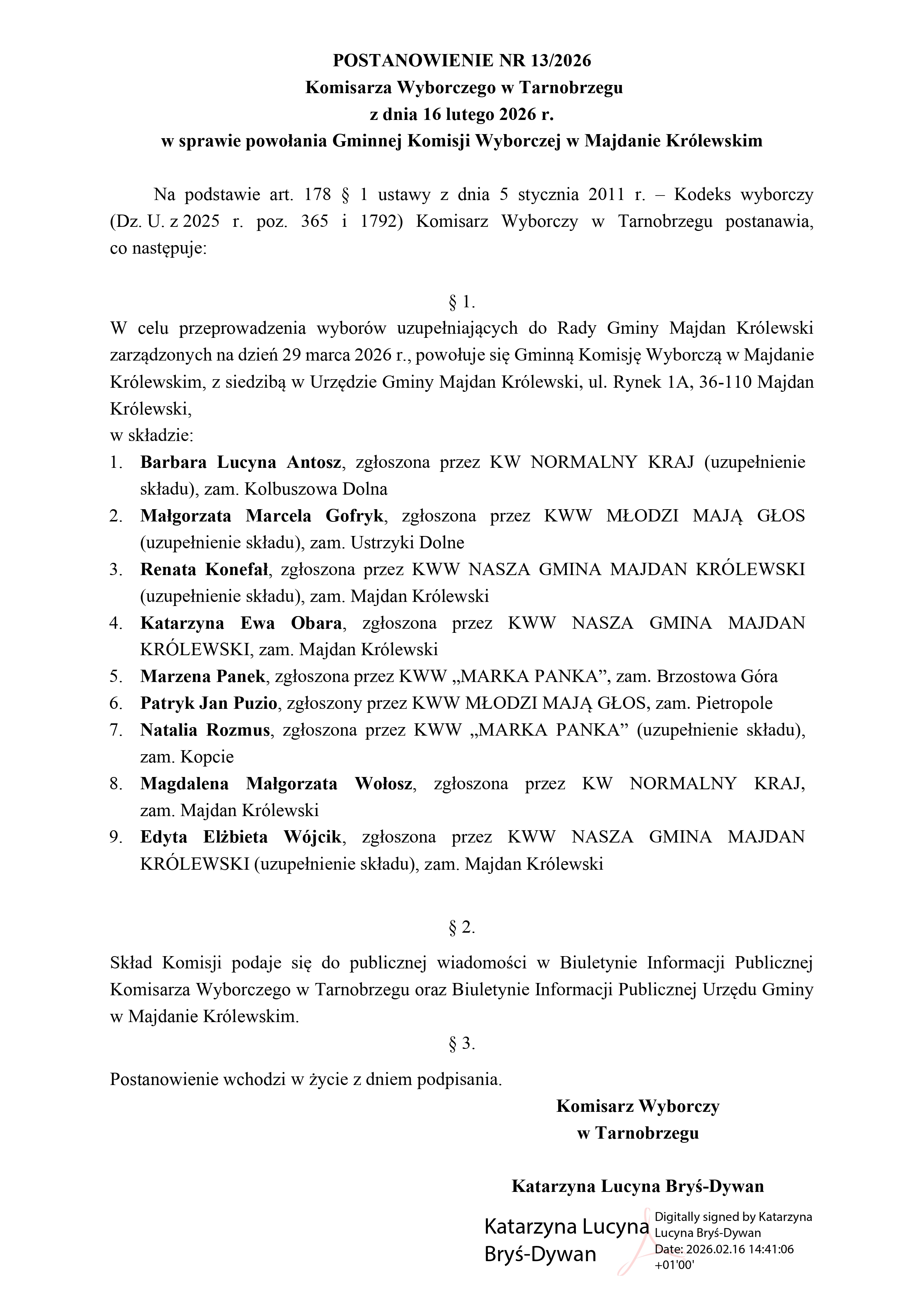 Postanowienie Nr 13_2026 powołanie Gminnej Komisji Wyborczej w&nbsp;Majdanie Królewskim_page-0001.jpg