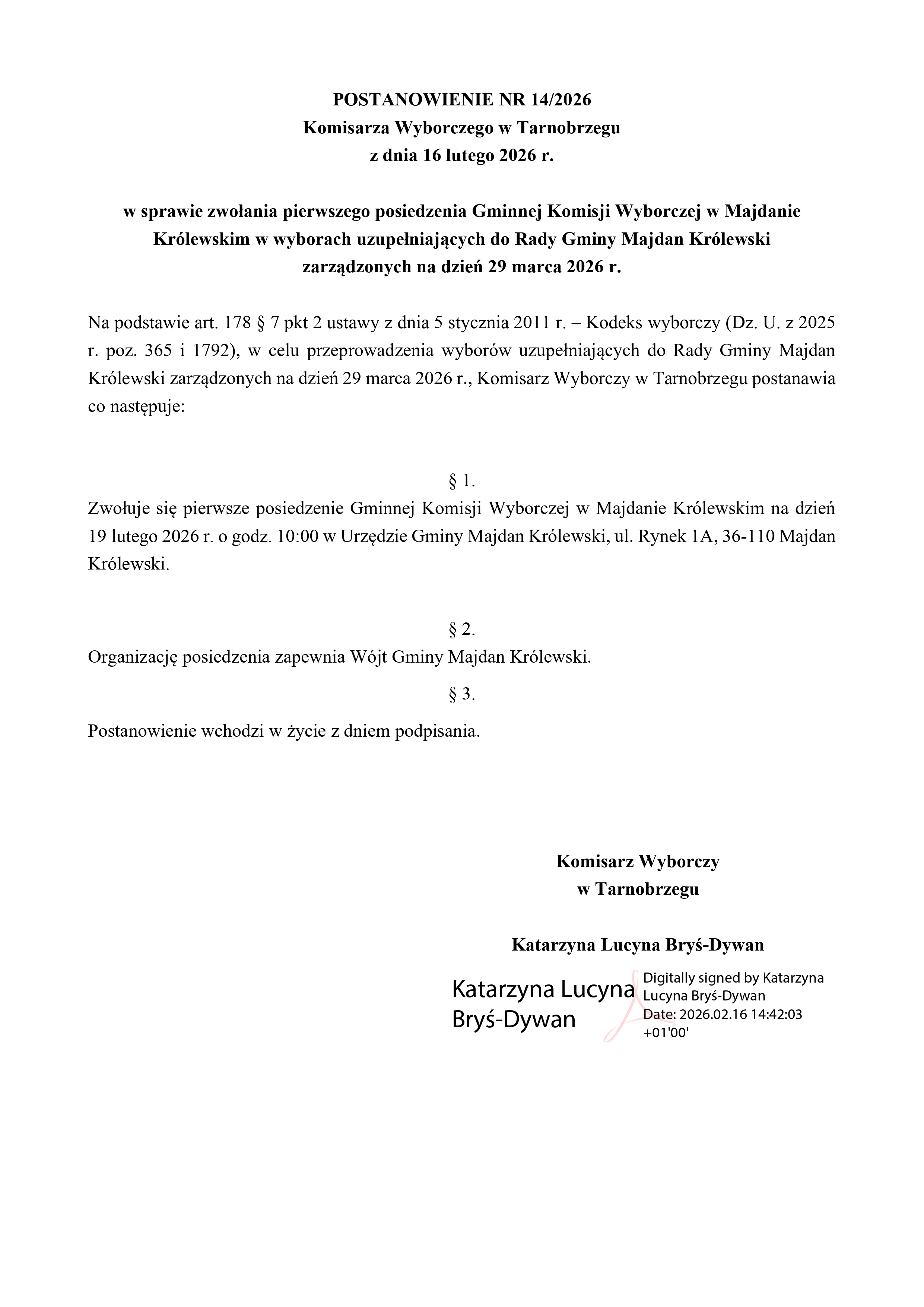 Postanowienie Nr 14_2026 zwołanie pierwszego posiedzenia Gminnej Komisji Wyborczej w&nbsp;Majdanie Królewskim_page-0001.jpg
